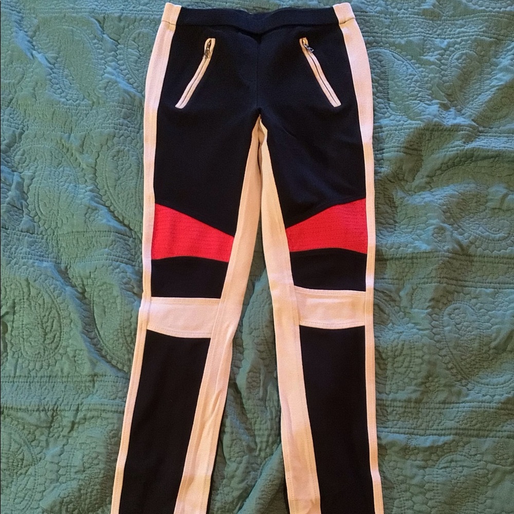 BCBG Max Azria Black/Red/Tan Moto Style Legging, Size XS